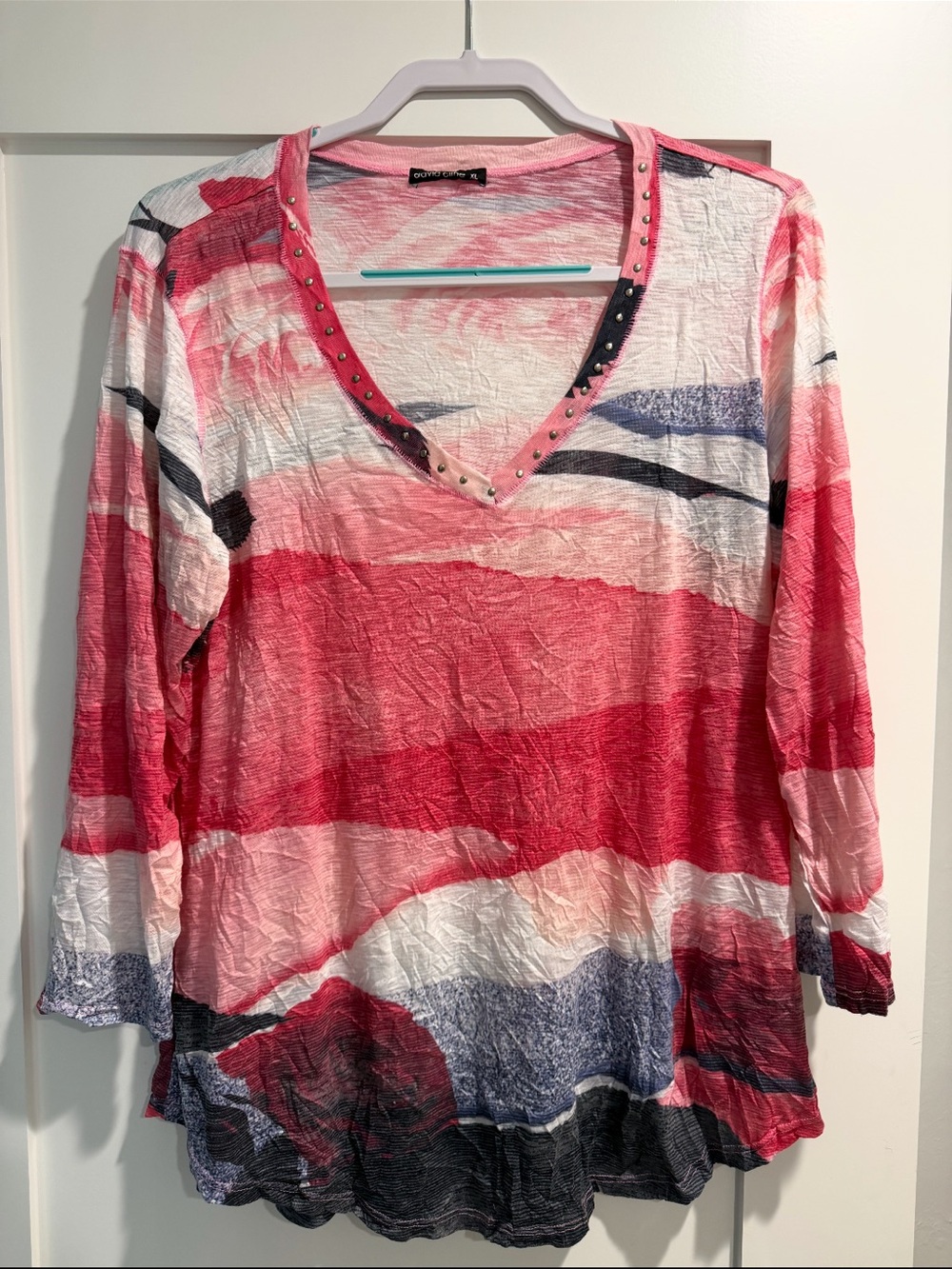 Vintage David Cline Stud-Trim V-Neck Striped Knit Top Size XL